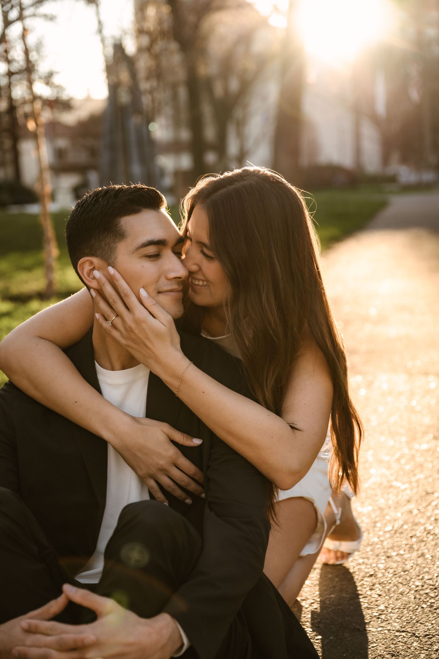 Romantic couple sharing intimate moments at sunset in a series of candid photos.