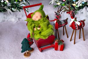 Christmas themed newborn photo with baby in green wrap on red sleigh with reindeer decorations.