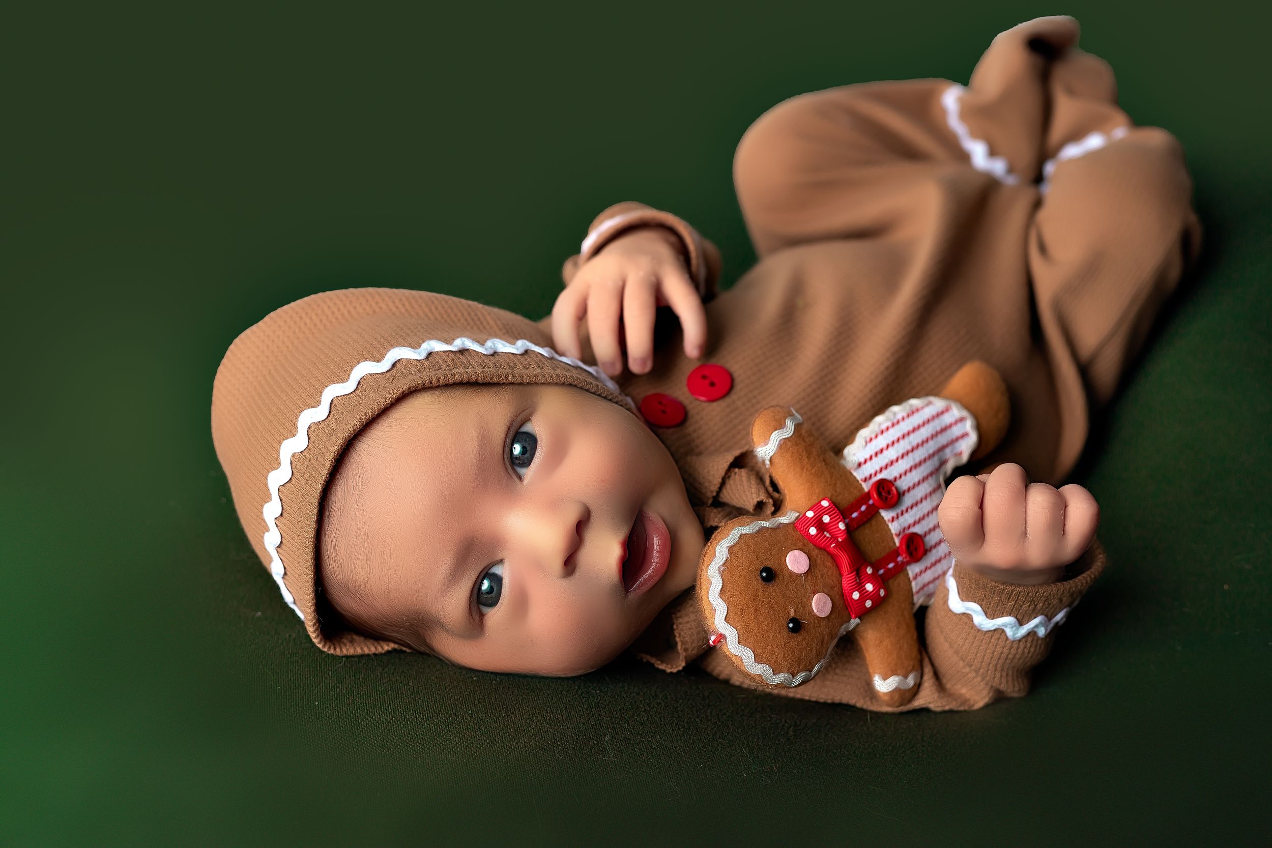 A series of artistic newborn photos with red berries and a green backdrop showing different poses.