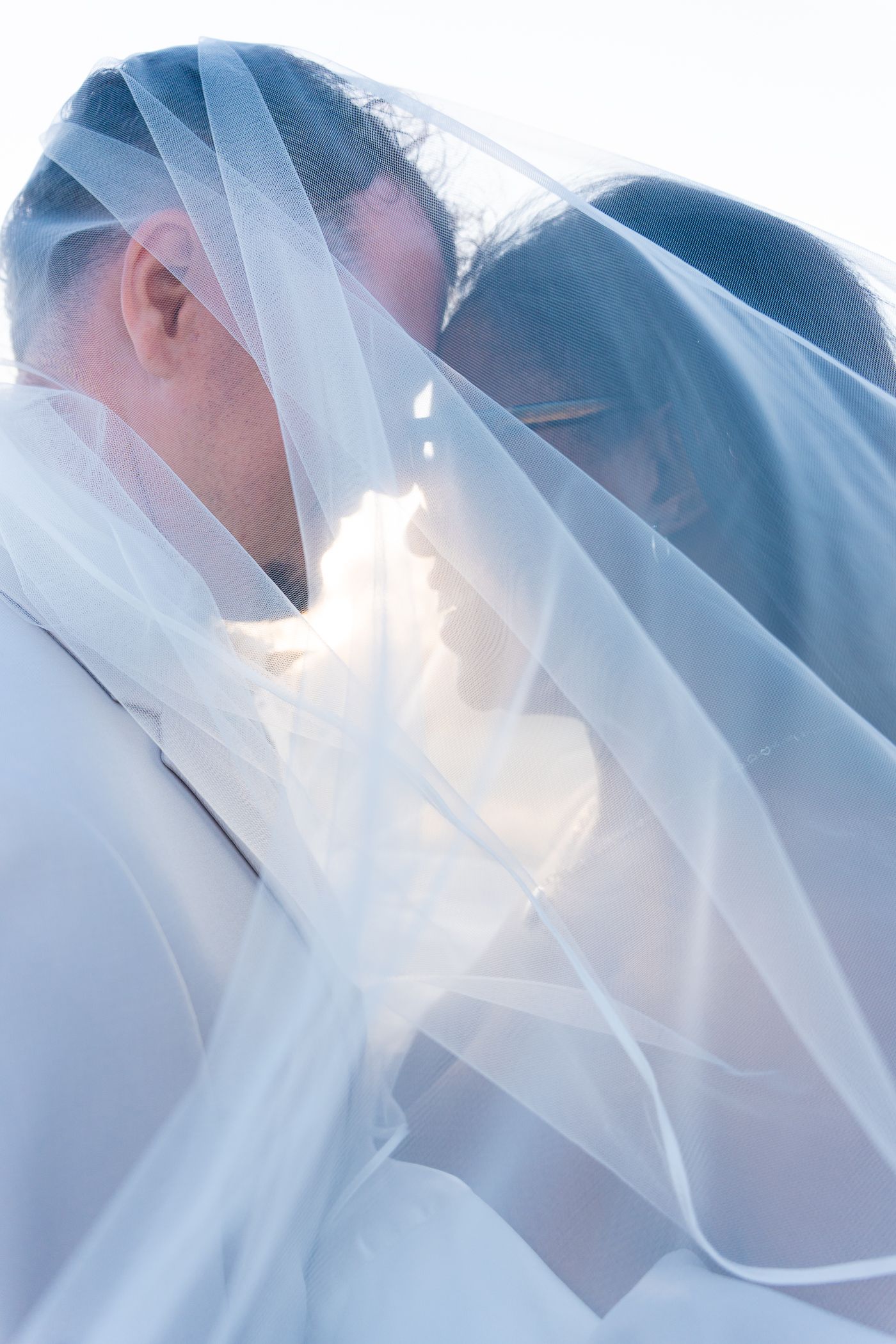 A romantic close-up wedding photo sequence showing a couple kissing behind a flowing white veil with sunlight glowing through.