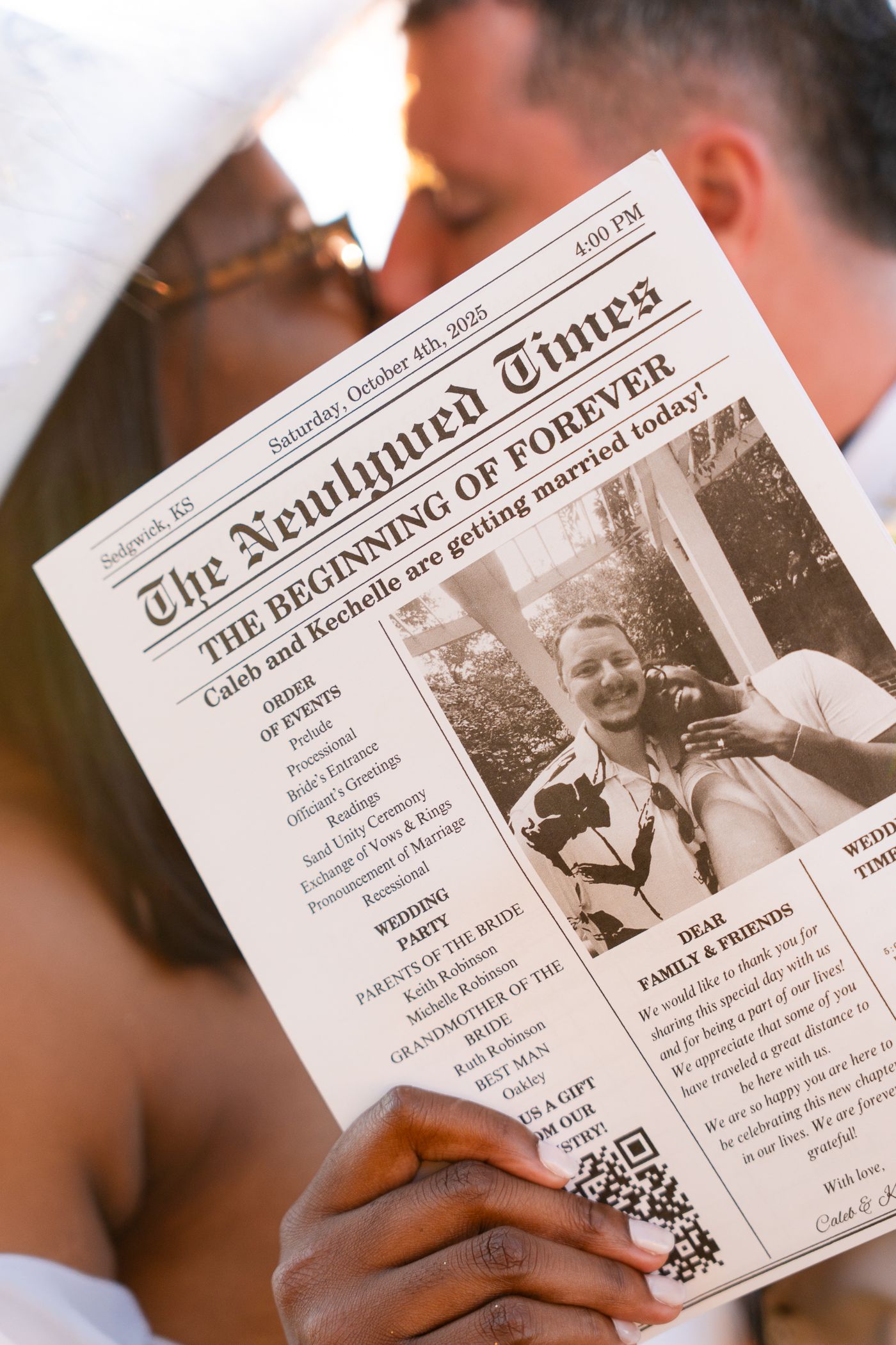 Wedding program styled like a vintage newspaper with multiple sections and headlines.