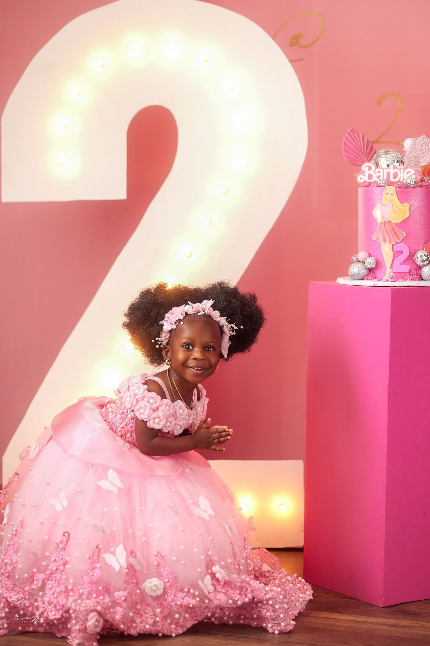 A pink-themed birthday photoshoot featuring a fluffy tulle dress and large number 2 decorations in a soft-lit studio setting.