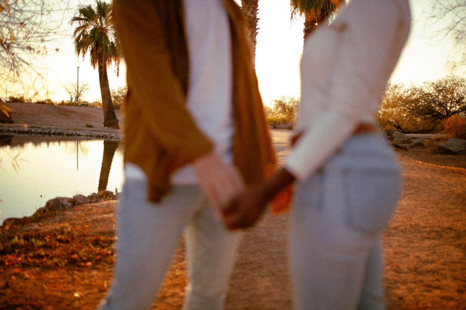 Couples photo shoot, holding hands cinematic storytelling Papago Park Tempe Phoenix, Arizona