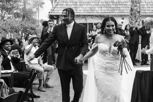 A black and white wedding photo montage showing multiple candid moments during a celebration.
