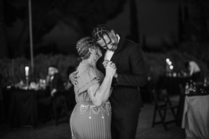 A series of black and white photos showing a couple dancing together in a romantic setting.