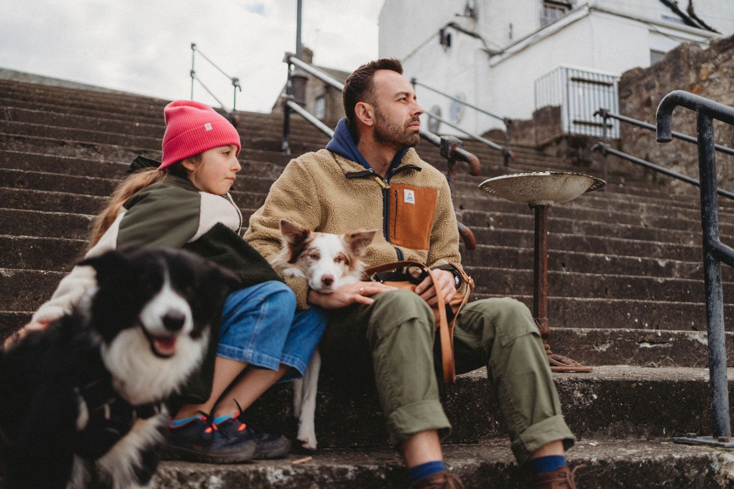 Two dogs and companions resting on concrete steps outdoors.