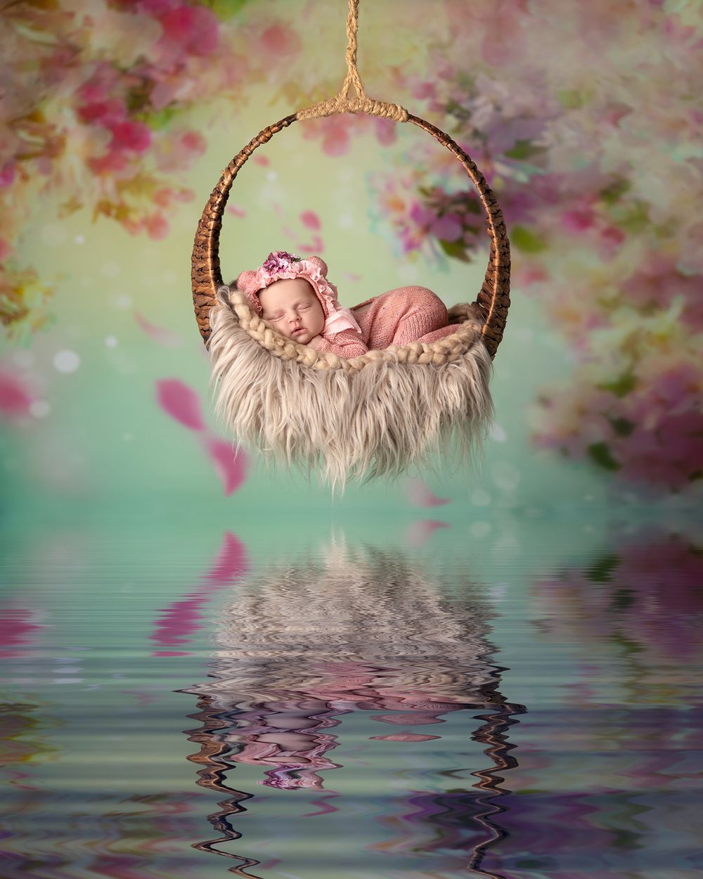 Dreamy newborn photography setup with crescent moon prop suspended over reflective water with pink floral backdrop.