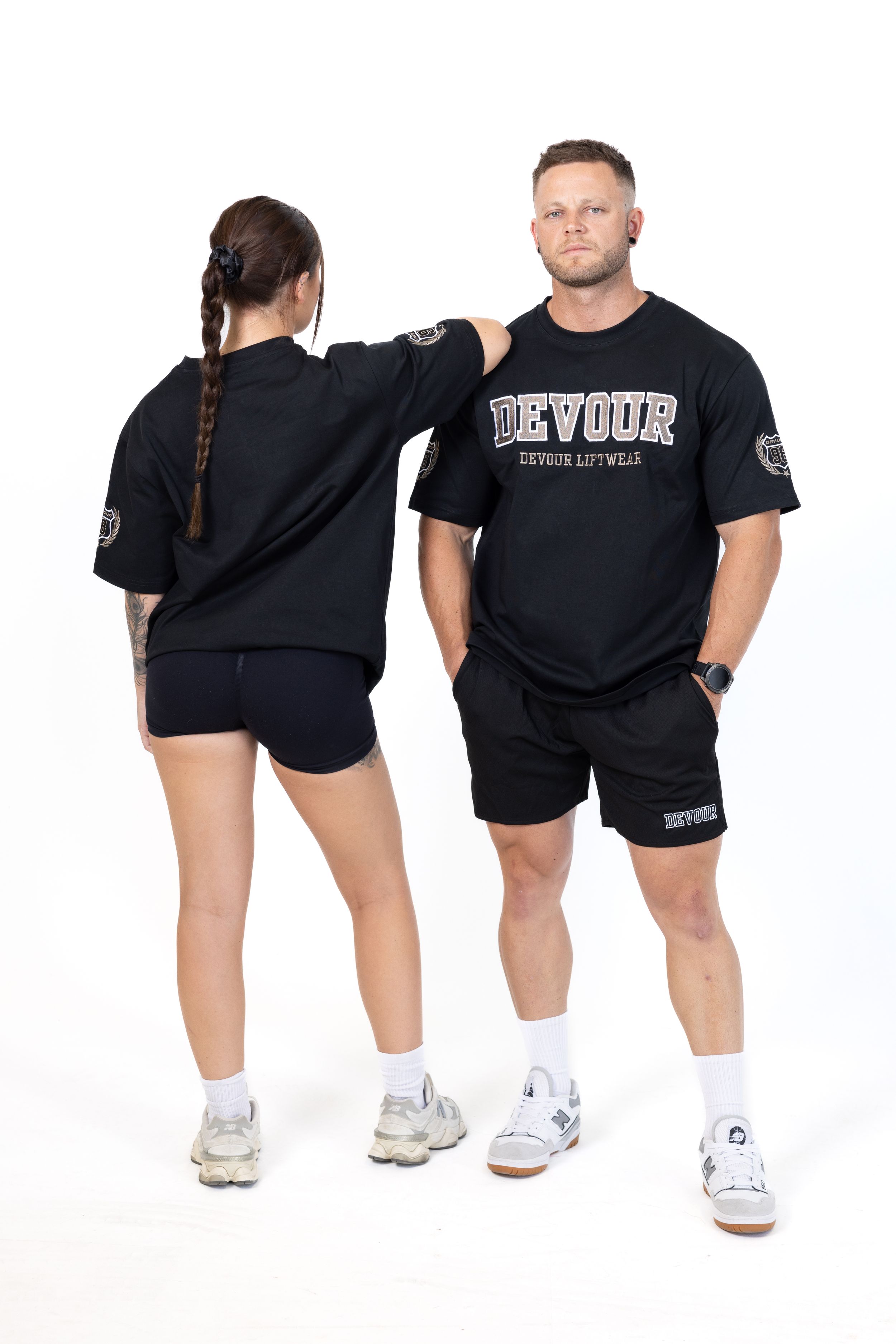 Athletic legs wearing black shorts and white sneakers shown from different angles in a progressive sequence.