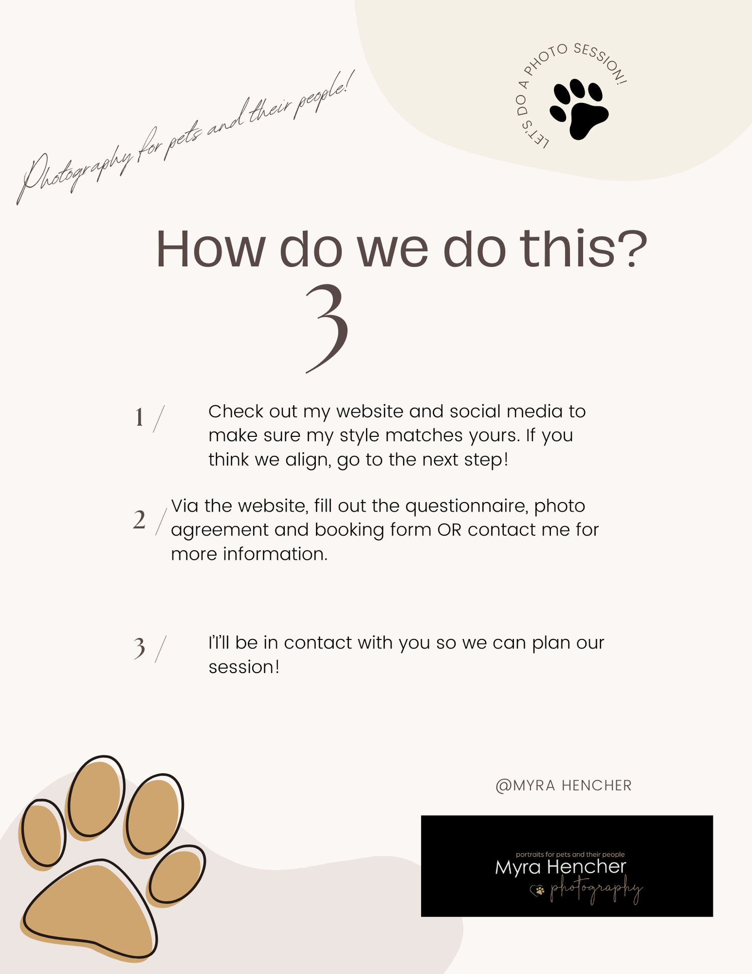 Simple infographic showing numbered steps for booking a photography session with paw print icons and text on a light background.