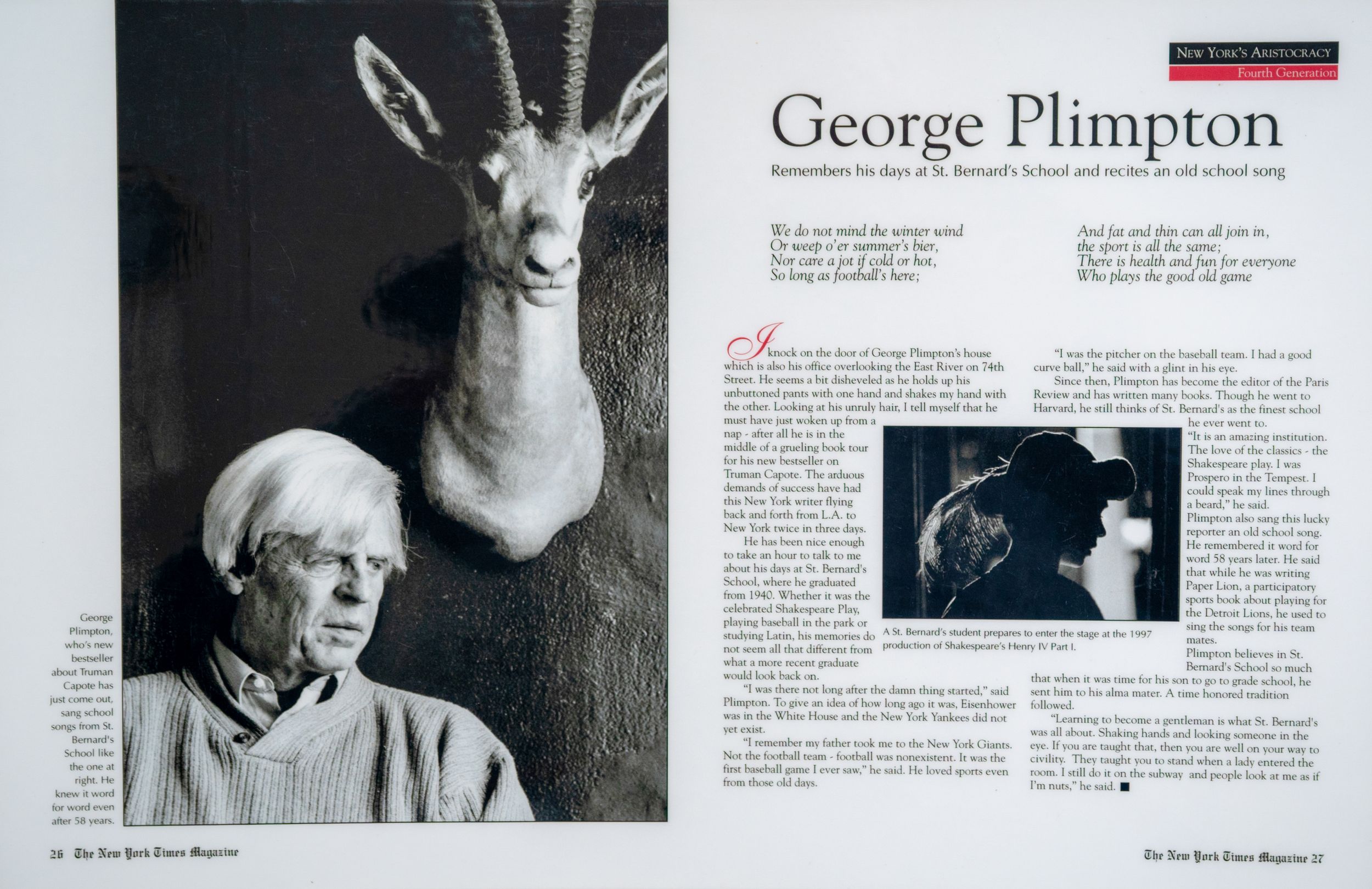A magazine article layout featuring a black and white portrait photo beside a mounted deer head on a wall.