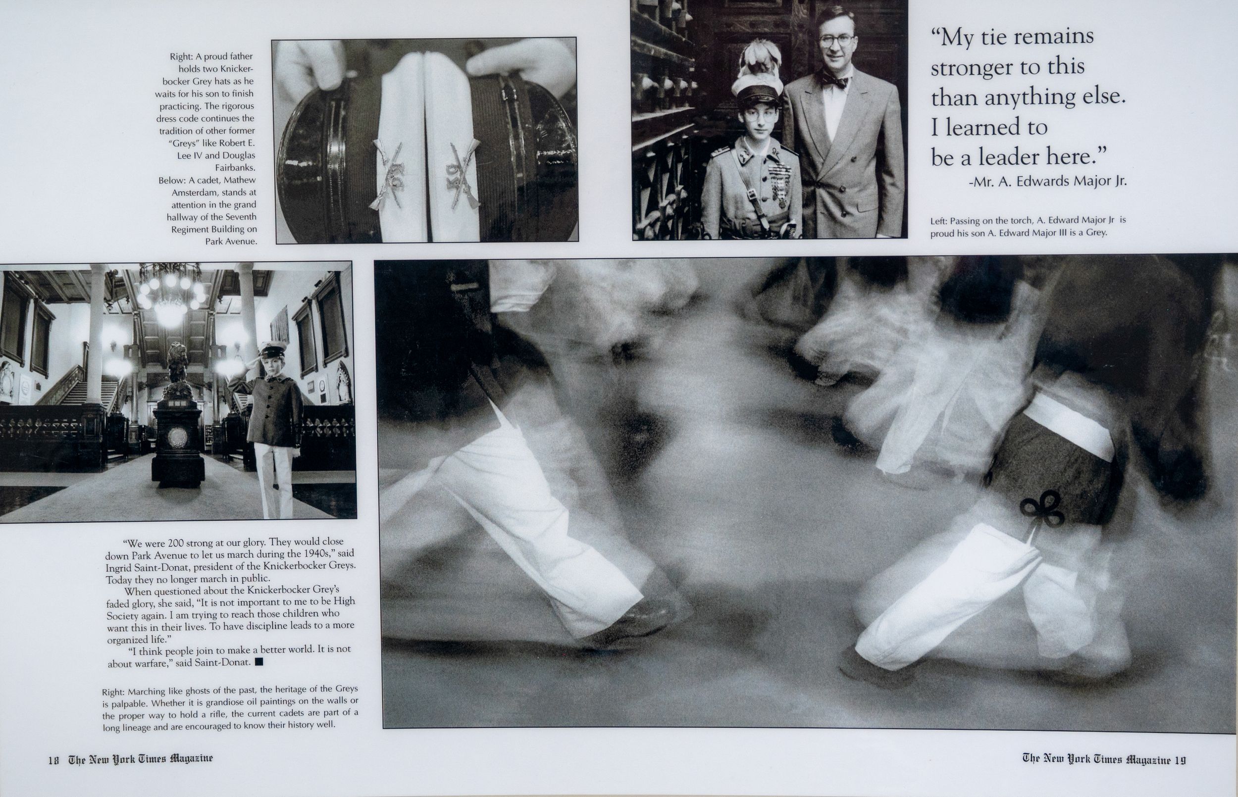 A series of black and white newspaper clippings and photographs arranged in a horizontal layout showing text and images.