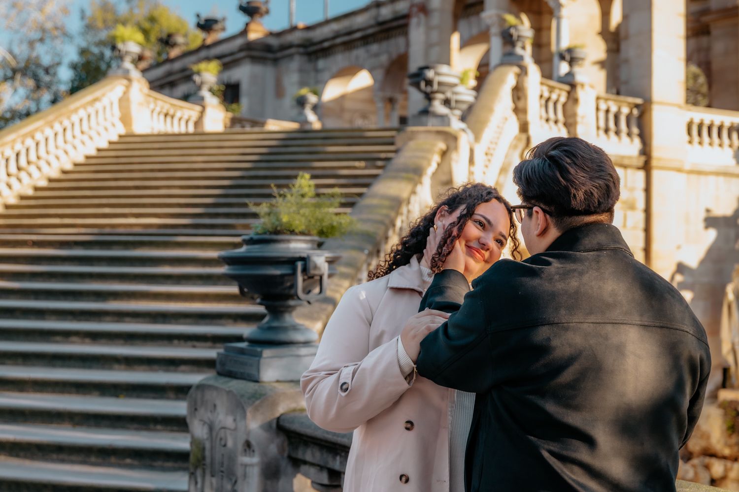 Excited laughter walking down fountain steps Barcelona Surprise proposal Barcelona BarcelonaLoversPH