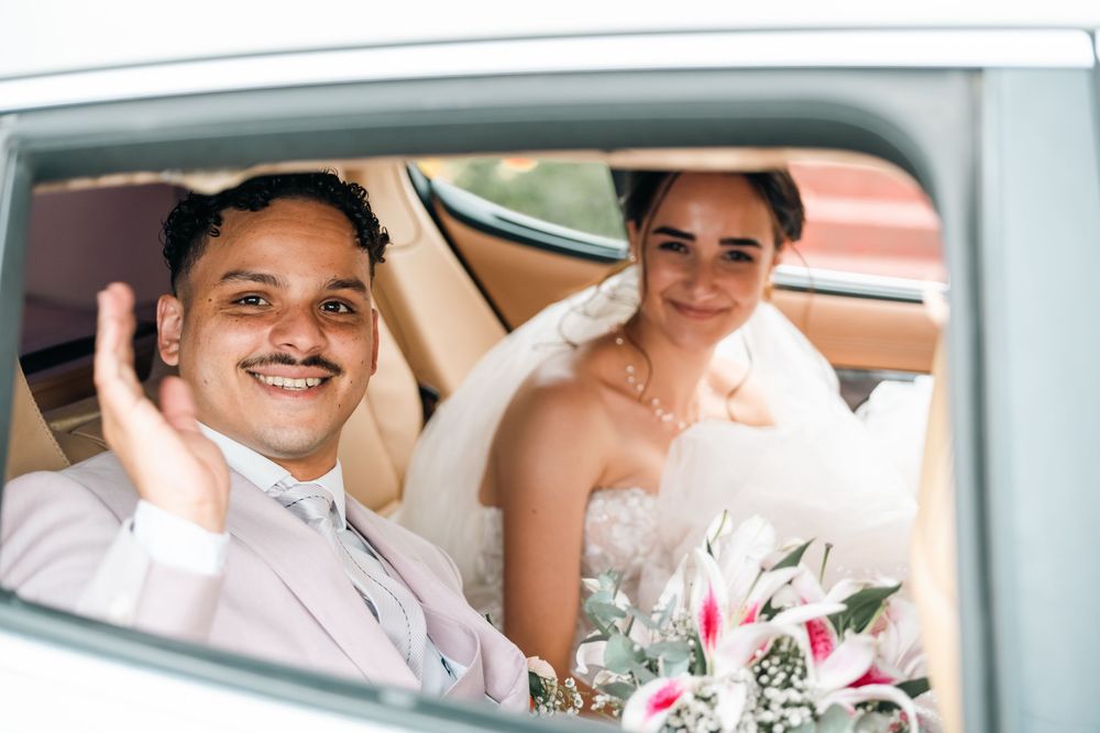 A collage of wedding photos showing couples in cars and vehicles on their special day.