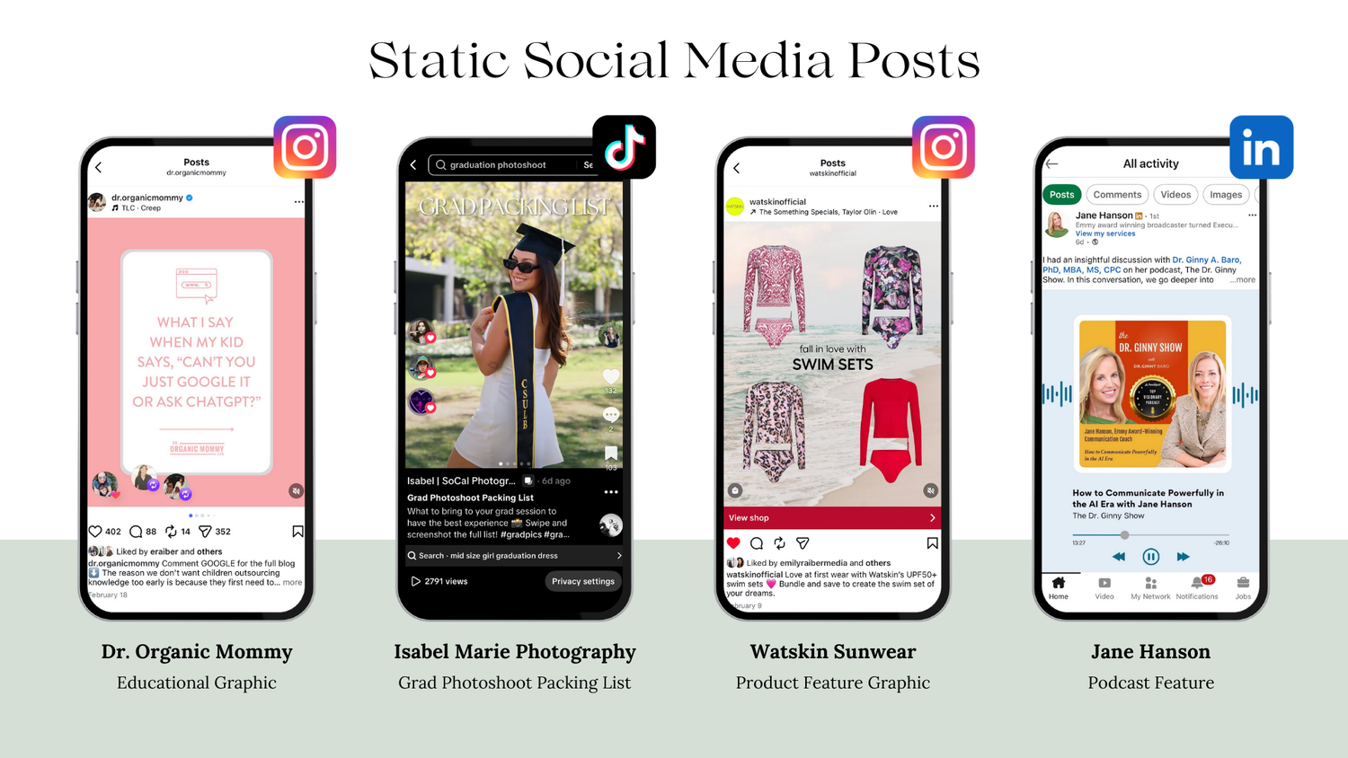 A horizontal row of social media post mockups showing various Instagram and LinkedIn content layouts.