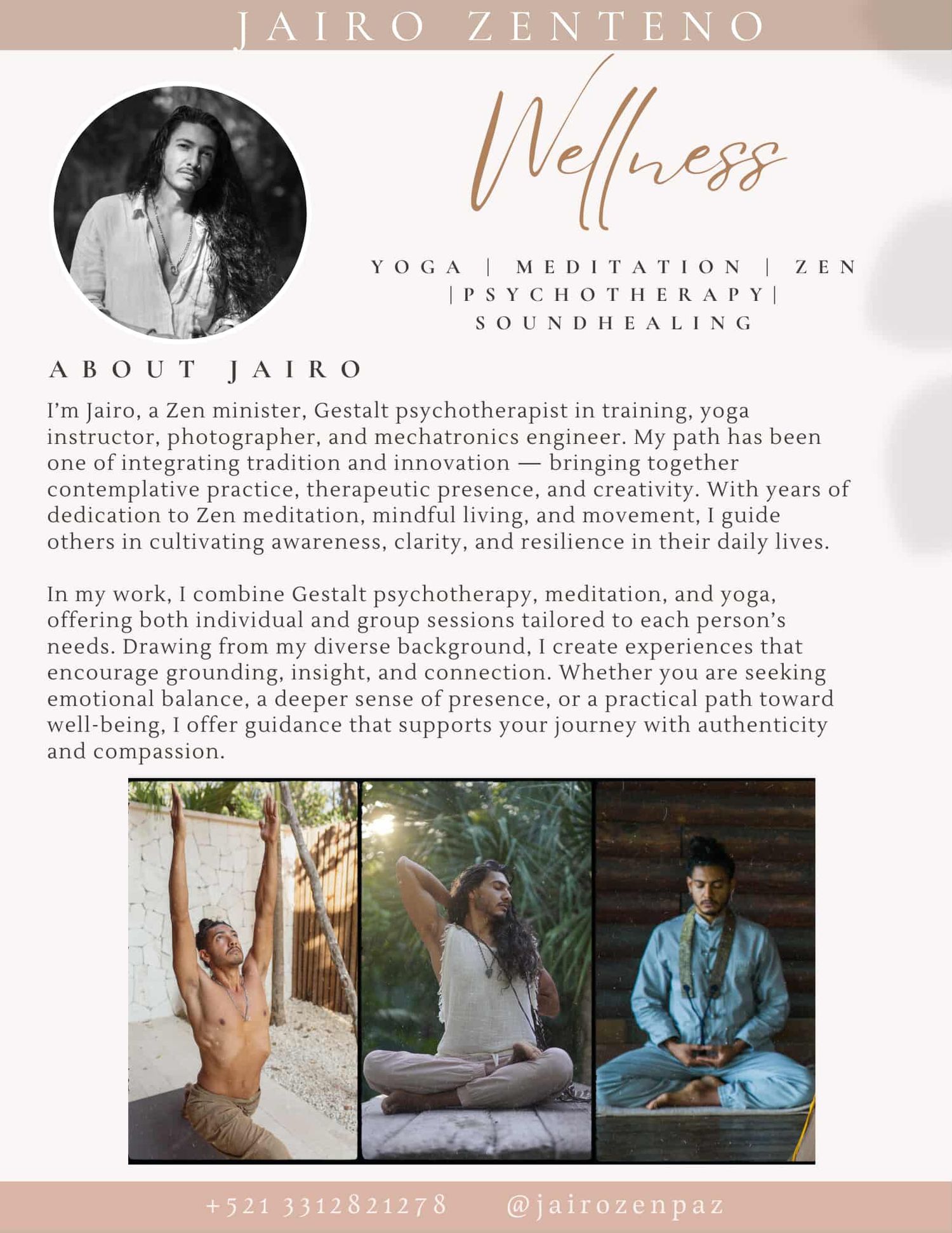 A wellness website layout showcasing yoga, meditation, and therapy services with a muted peach color scheme.