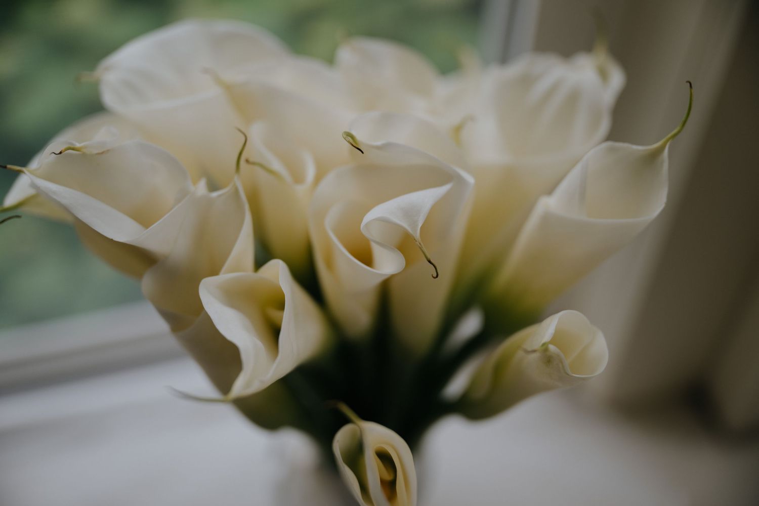 Delicate cream-colored calla lilies arranged in an elegant wedding bouquet.