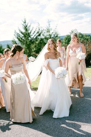A bridal party in champagne-colored bridesmaid dresses and a white wedding gown gather outdoors on a sunny mountain day.