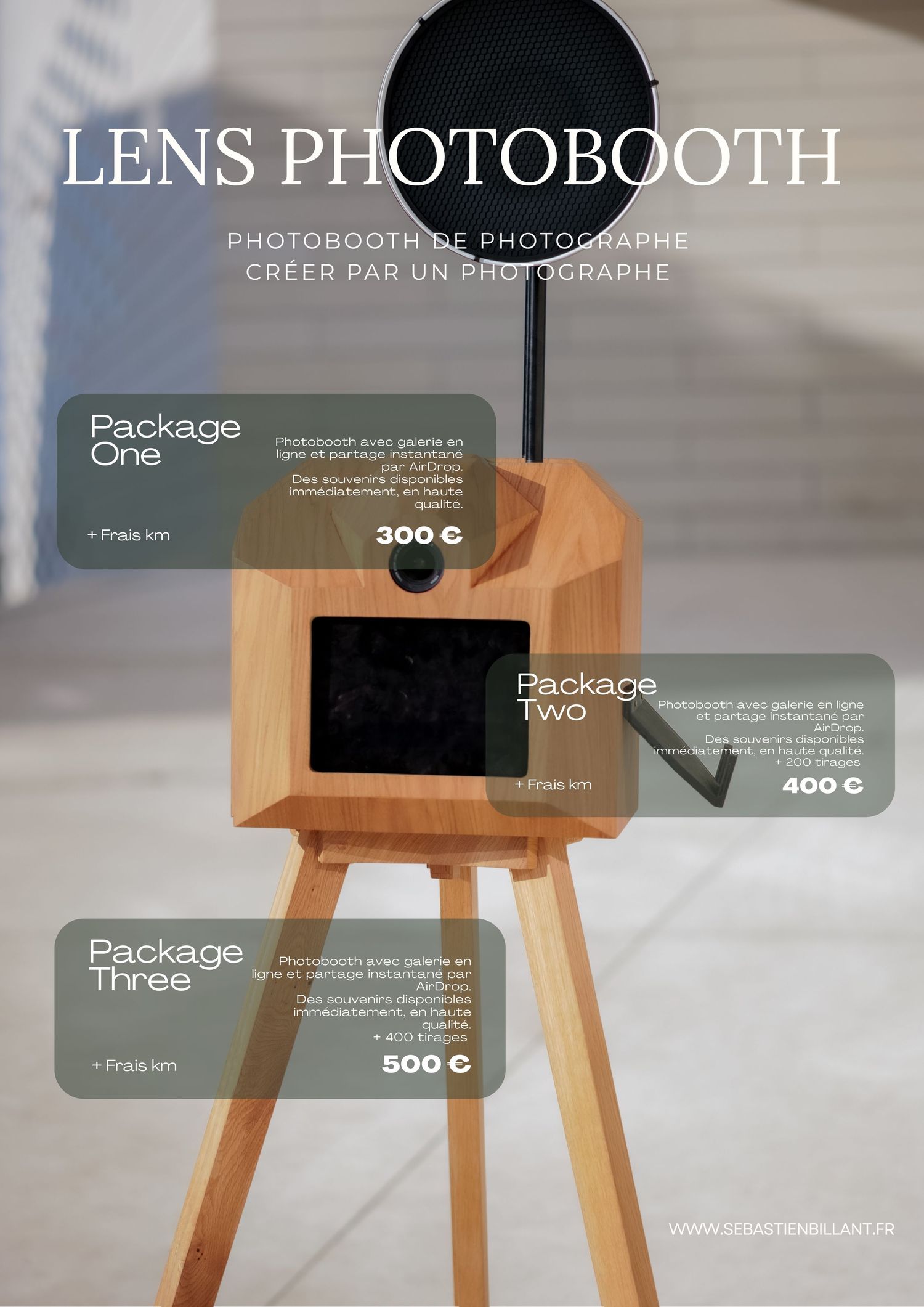 Professional photobooth pricing menu showing three packages with wooden stand and pricing details in muted green tones.