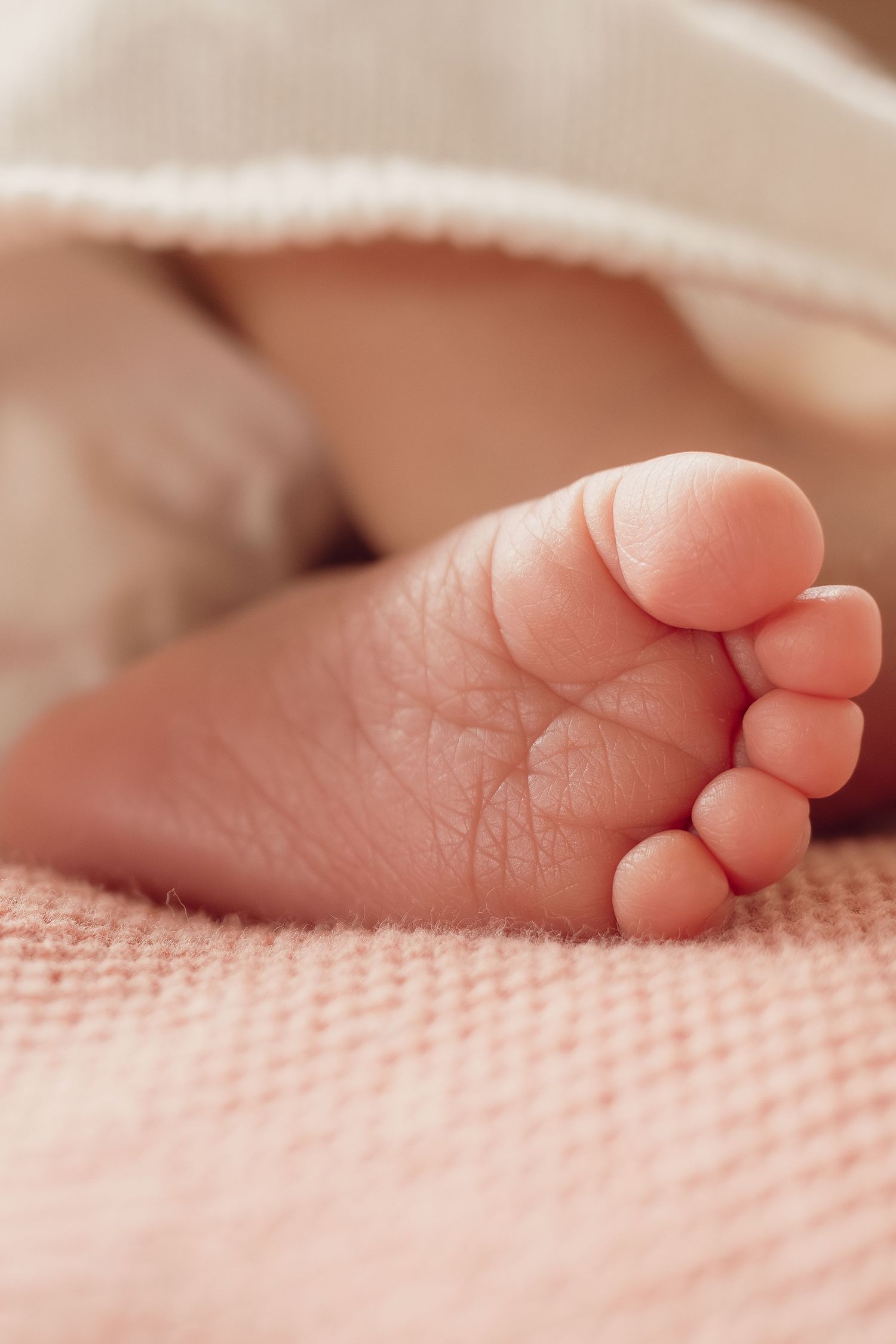 Close-up series of tiny baby toes resting on soft pink textured fabric.