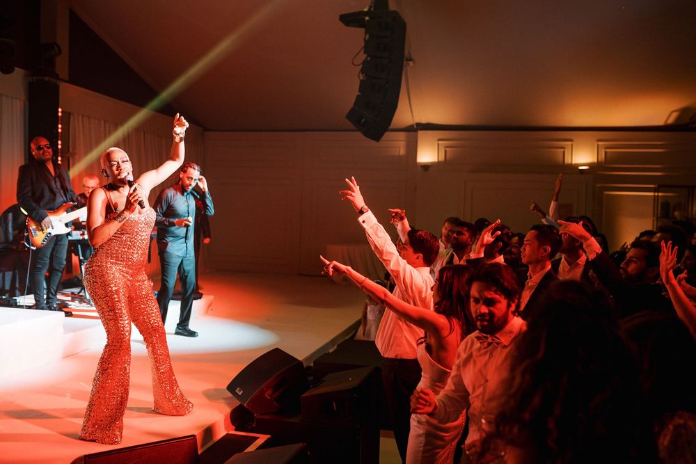 Live performance energising guests at Palácio do Correio-Mor during Indian destination wedding in Portugal