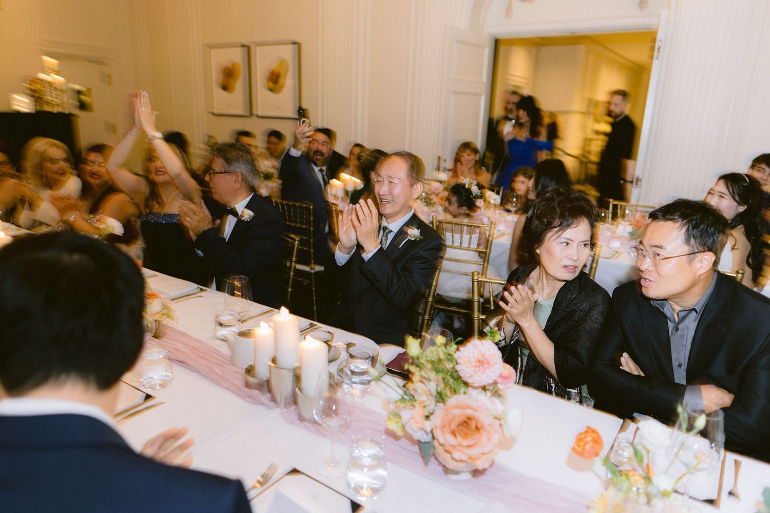 A series of candid reception photos showing guests dining and mingling at tables during a formal event.
