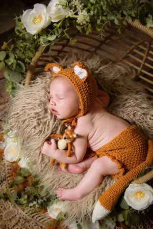 newborn session sleeping baby in fox outfit