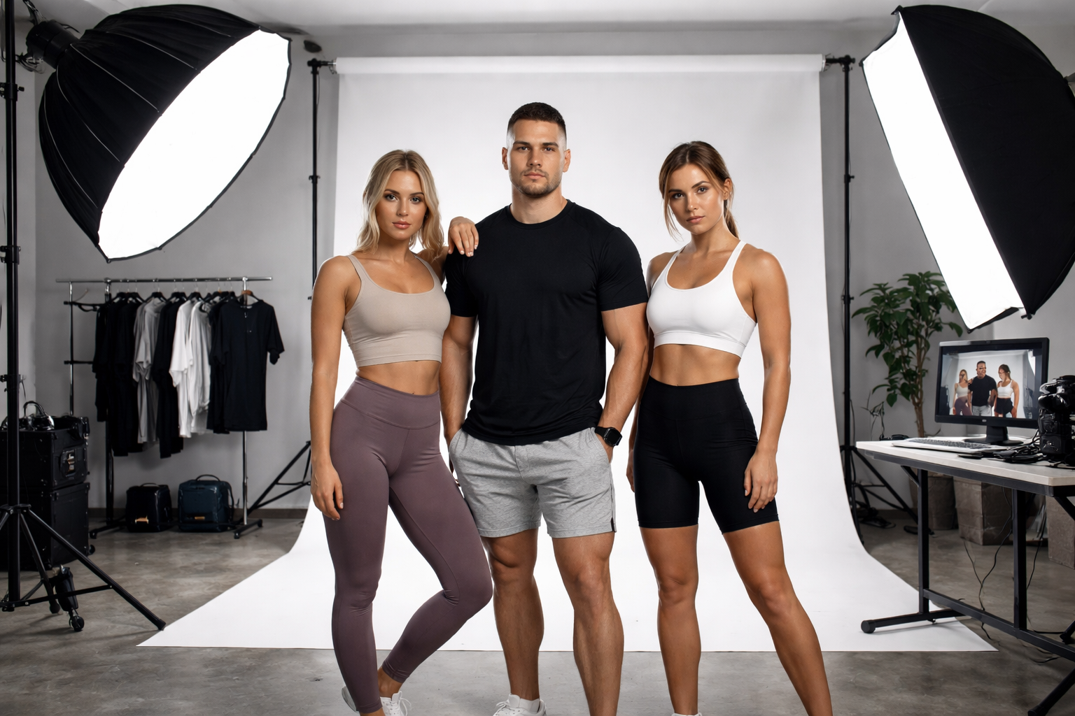 Professional fitness models posing in athletic wear against white backdrop in photo studio with lighting equipment.