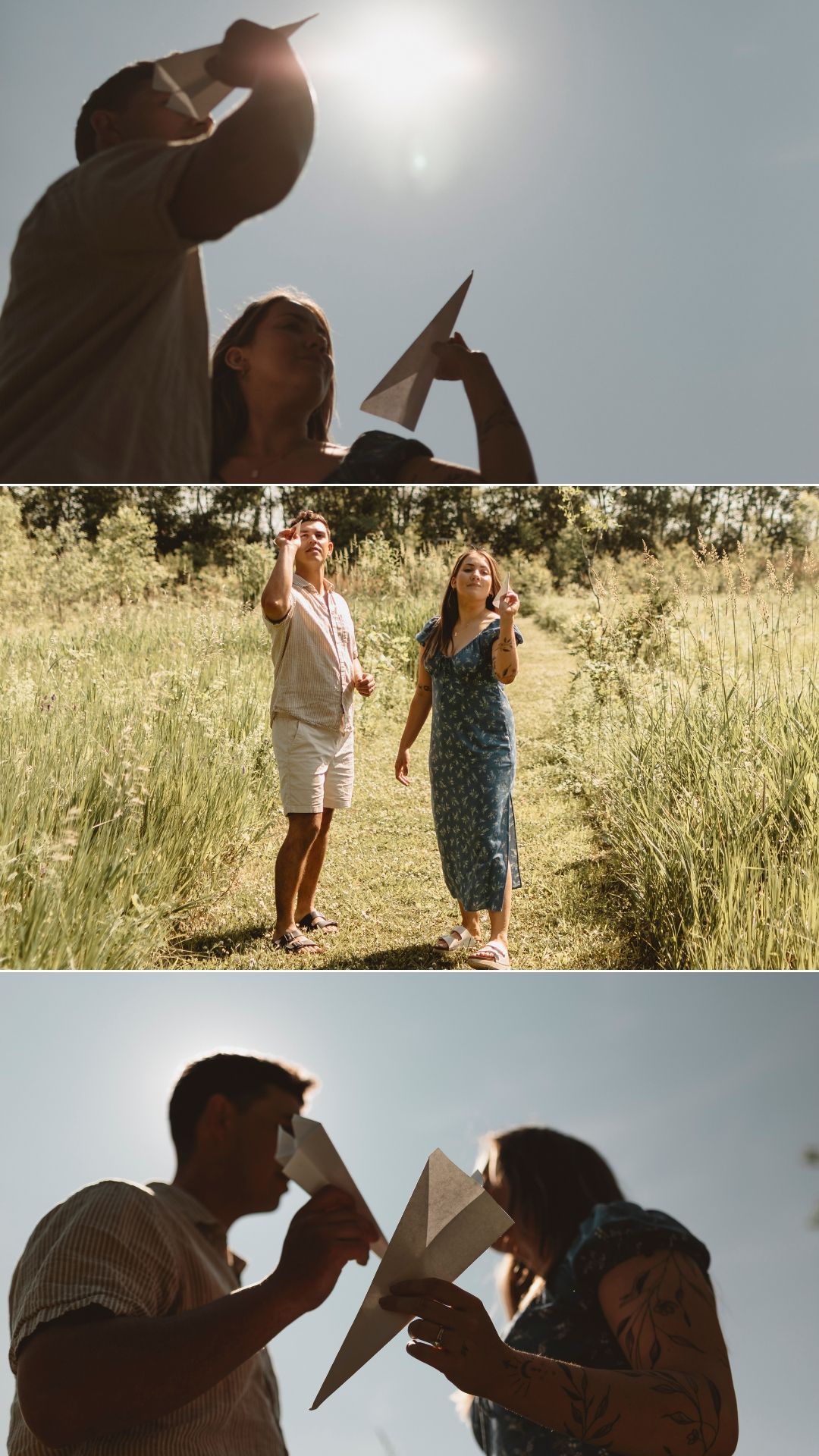couple play with paper airplanes at a conservation area on wolfe island, near kingston ontario. things to do photo shoot