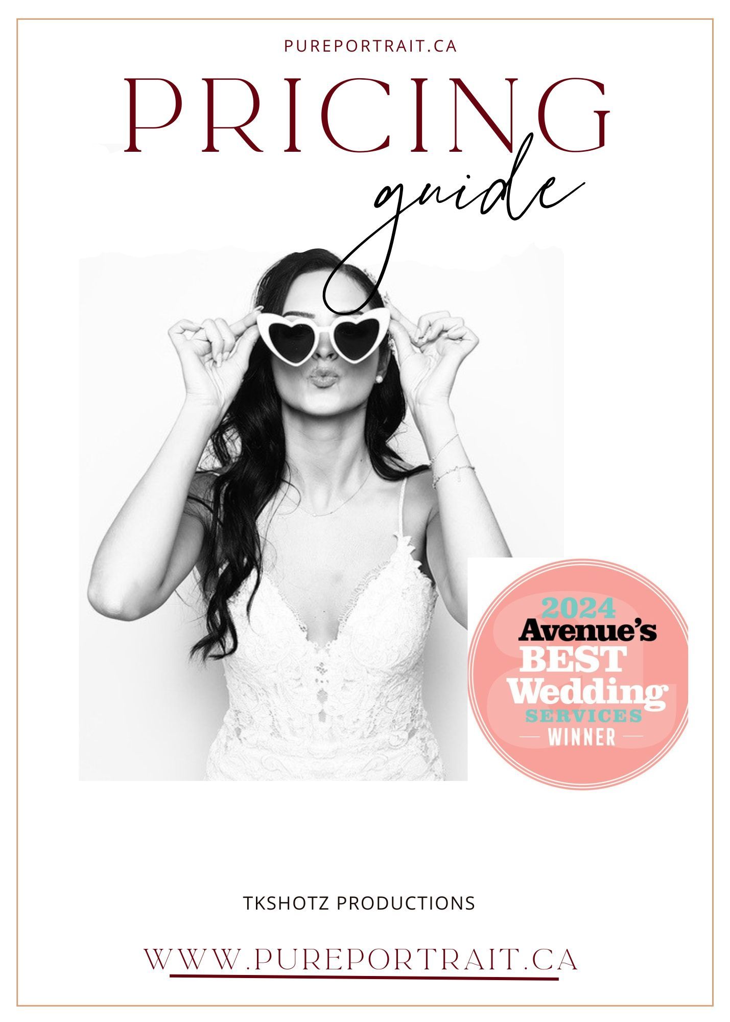 Professional wedding photography pricing guide webpage design with black and white portraits and pink accents.