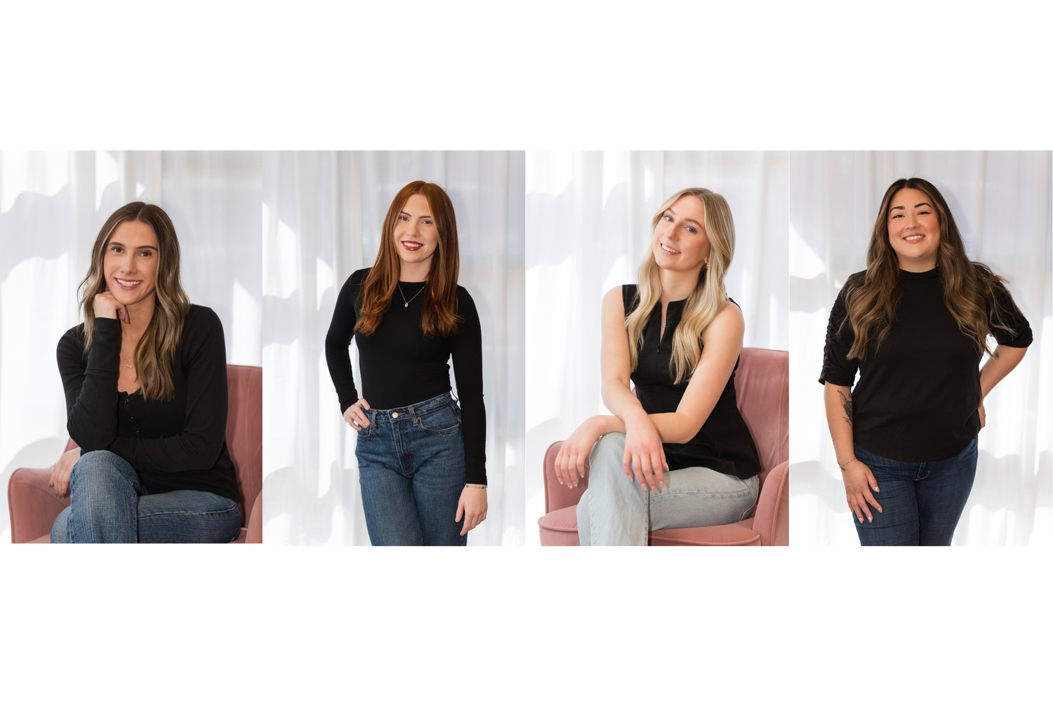 A woman in a black top poses on a pink couch in a series of casual lifestyle photos.
