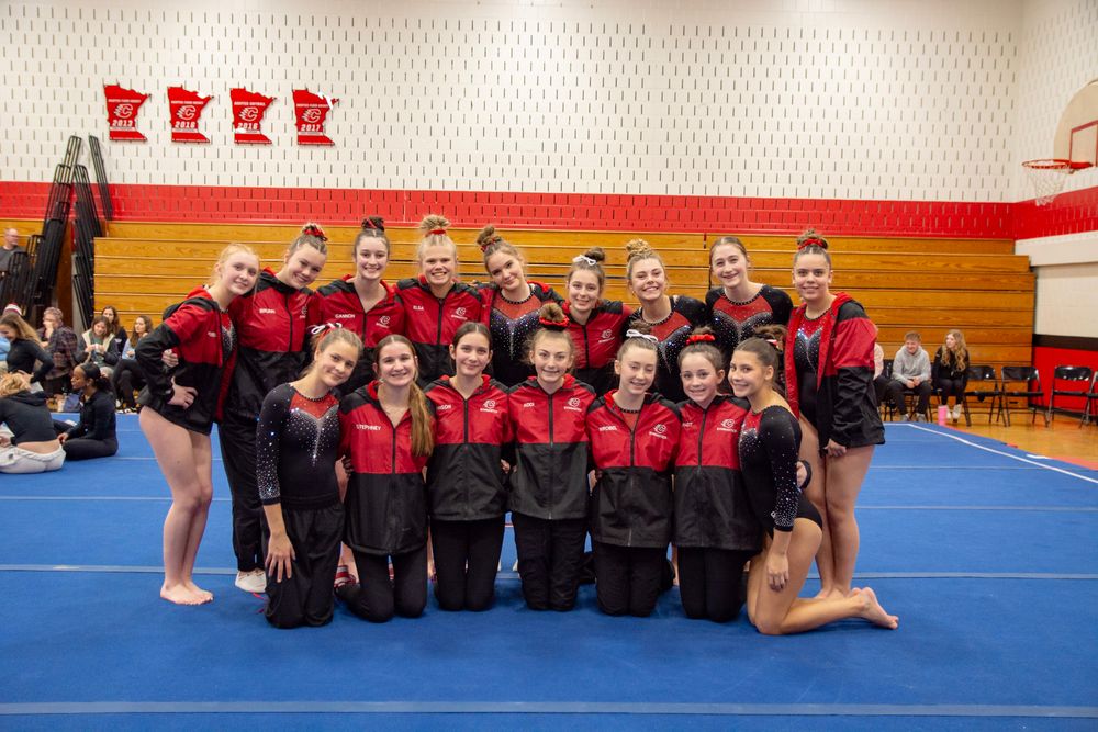Team photo of gymnastics squad wearing black uniforms on blue competition mat.