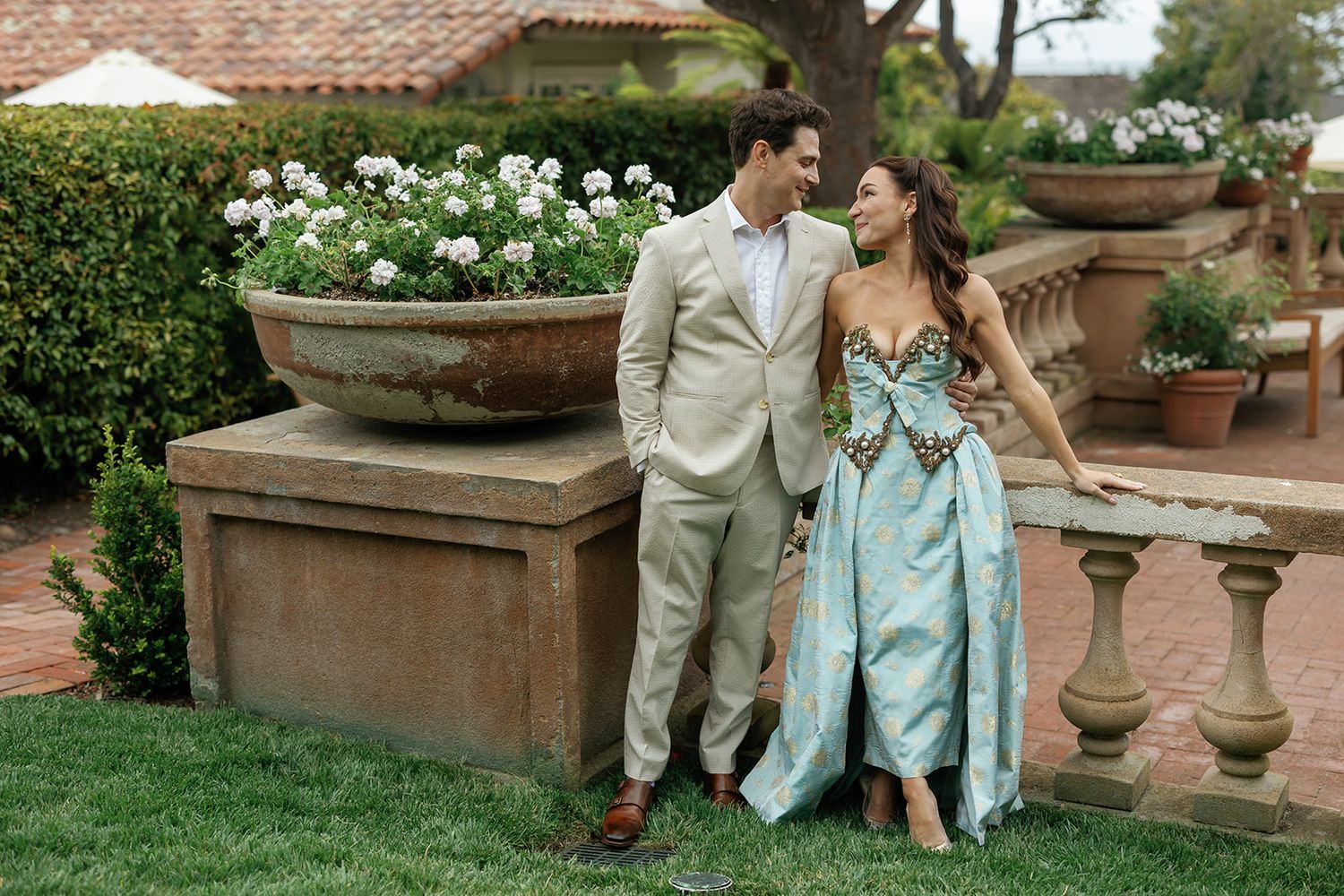 Bride and groom welcome party at La Playa Carmel garden courtyard