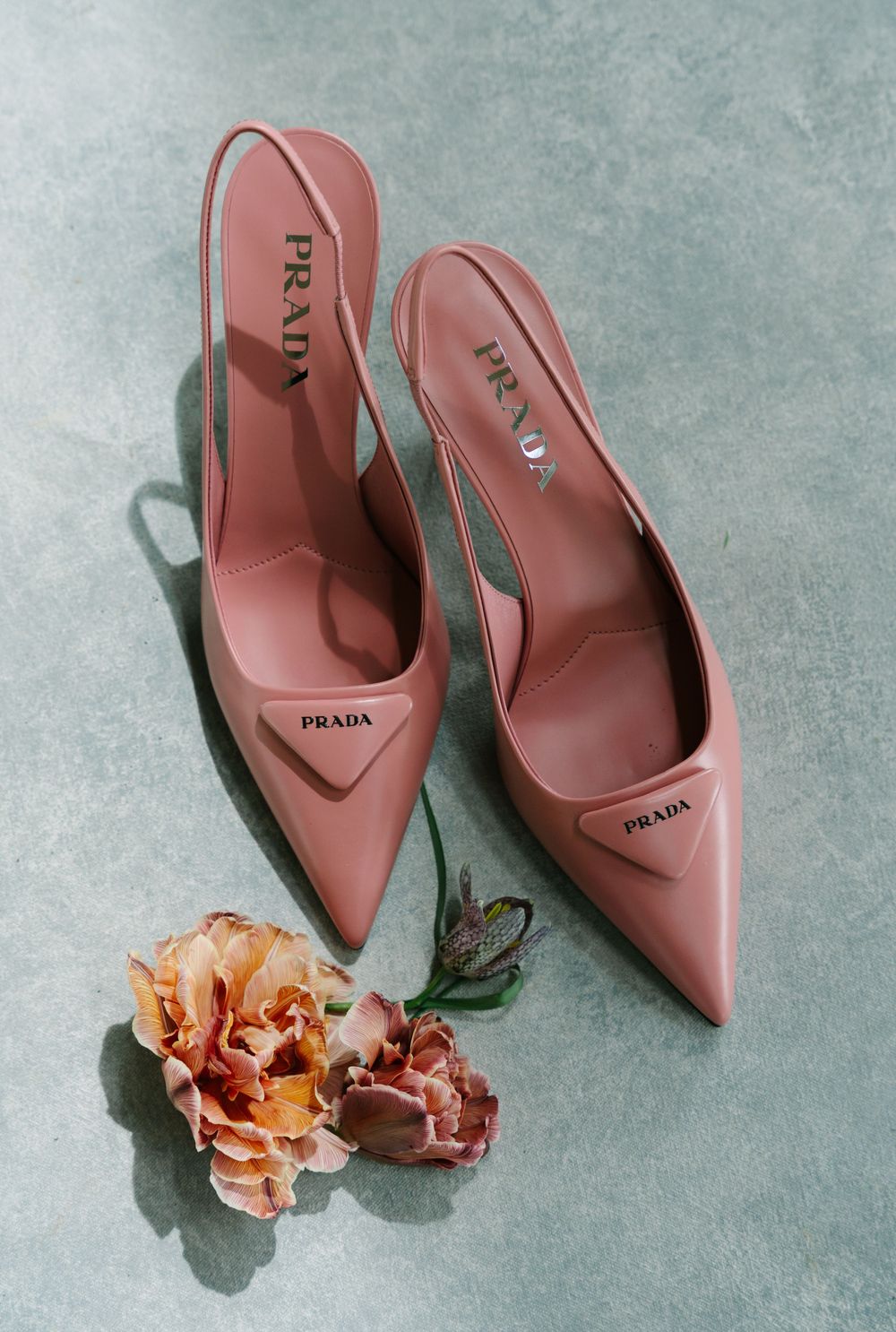 Pink Prada slingback heels with pointed toe displayed beside a peach flower on a sage green surface.