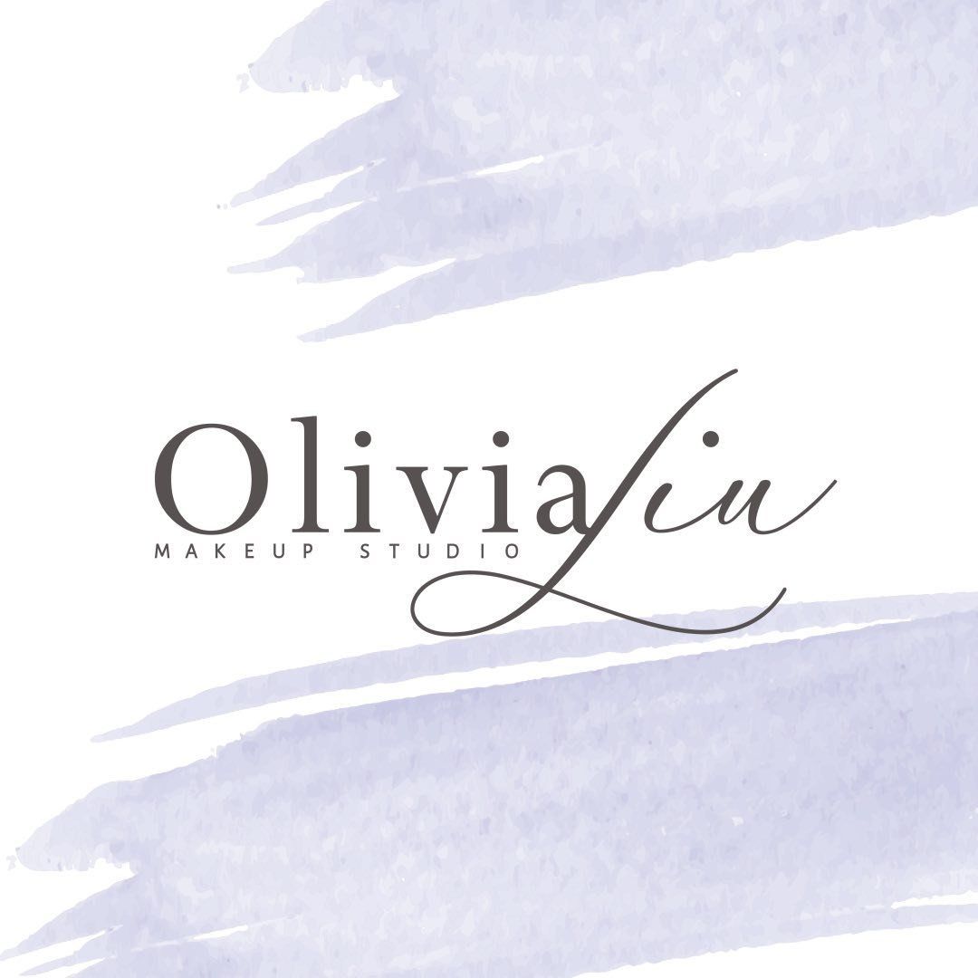 Olivia Liu Makeup Studio logo with elegant script font on a soft watercolor brush stroke background.