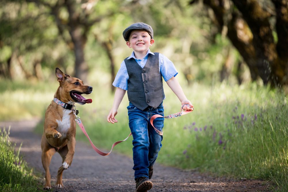 A child in a vest and cap walks joyfully down a wooded path with a brown dog on a leash.