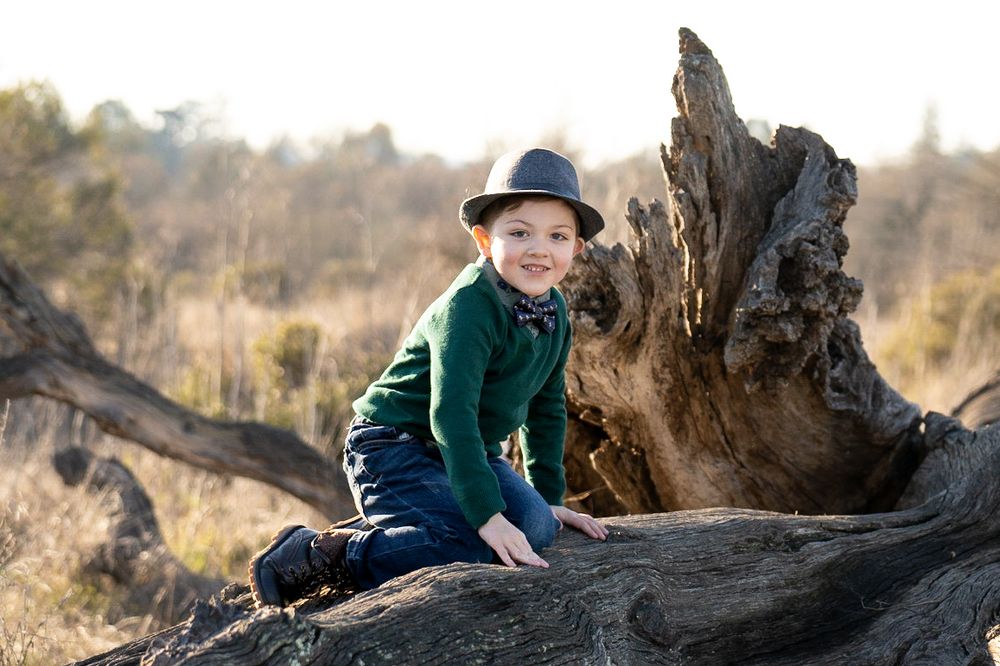 A child wearing a green sweater and hat sits on a large driftwood log in an outdoor setting with trees in the background.