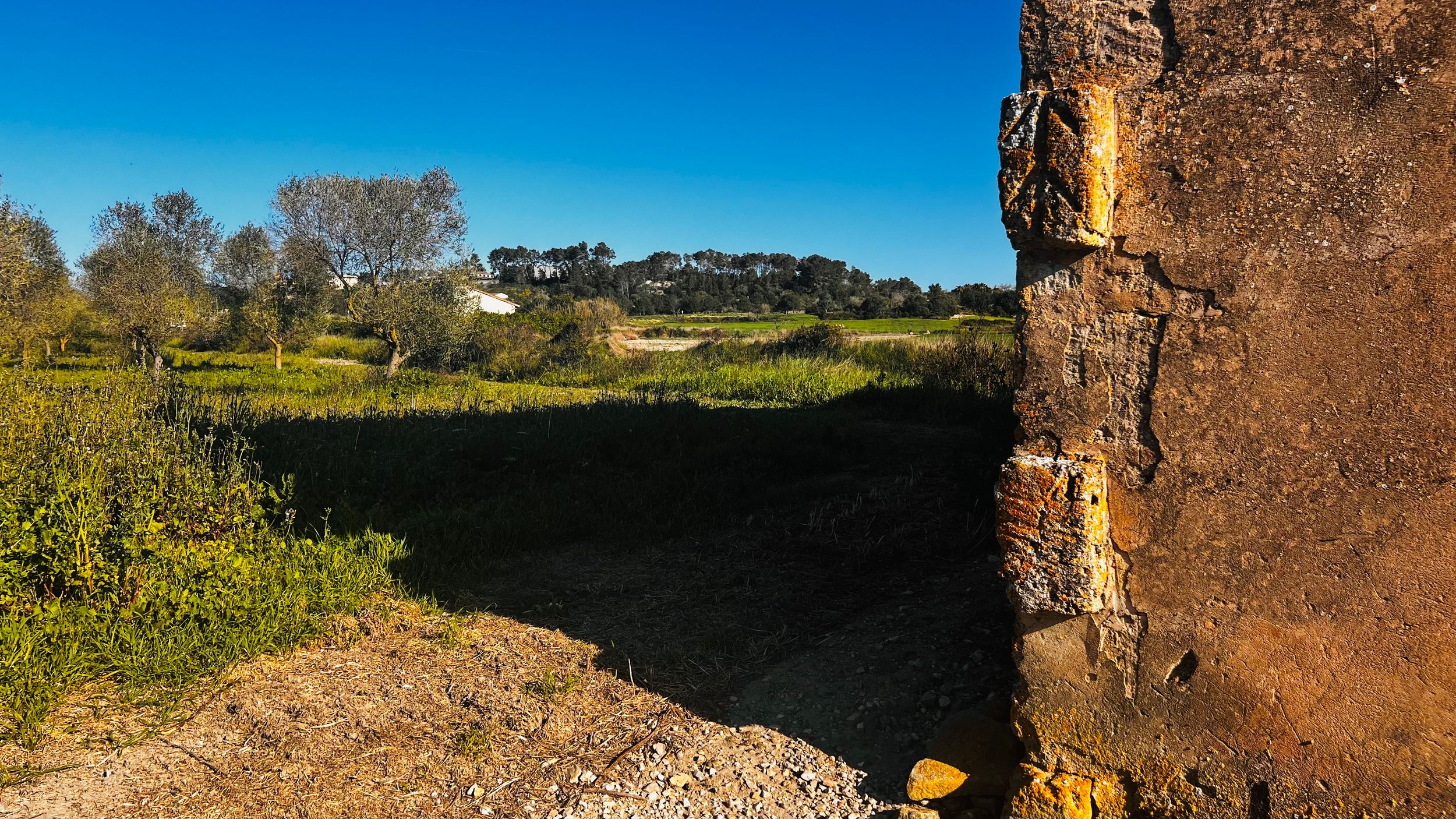 Rural landscape with green fields, trees, and blue sky framed by an ancient weathered stone wall in the foreground.