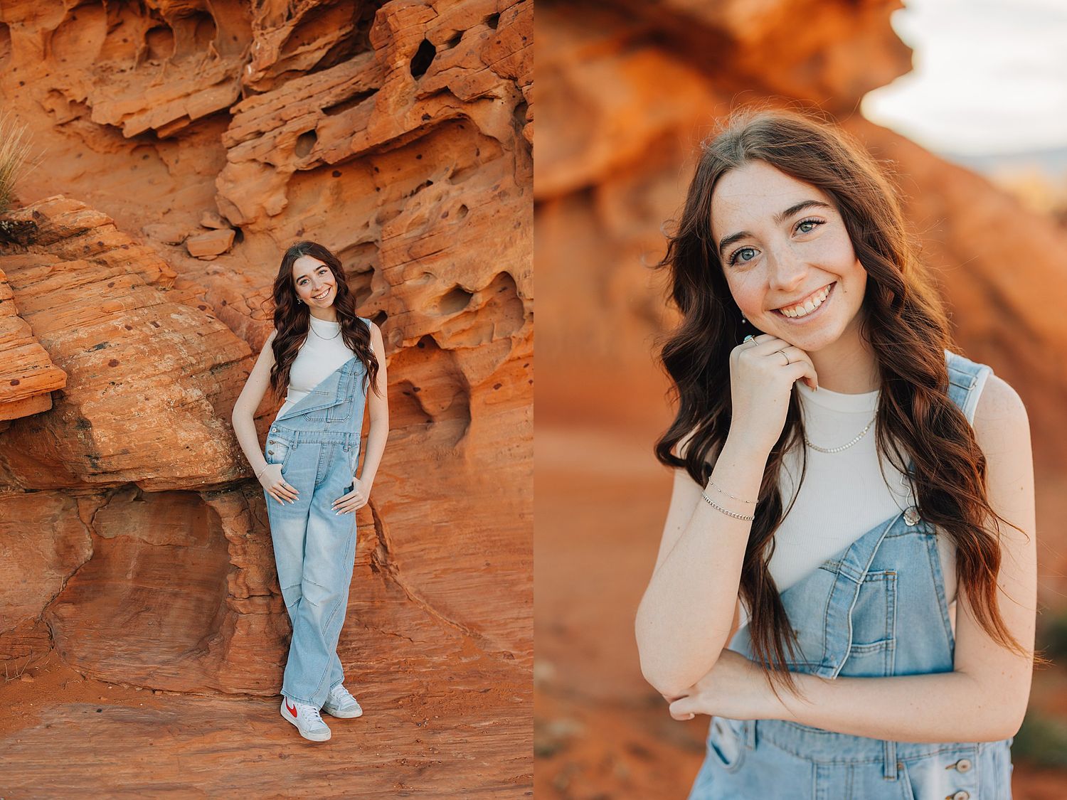 Young woman in denim overalls poses against red rock canyon walls in a bright outdoor senior portrait session.