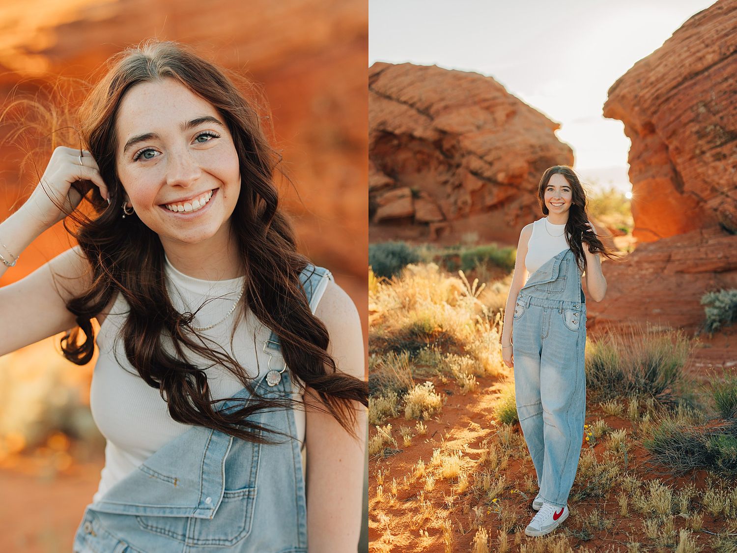 Young woman in denim overalls smiling among red rock formations in a desert landscape during golden hour.