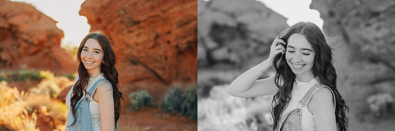 A young woman with long dark hair poses in a denim outfit against red rock formations in a desert landscape.