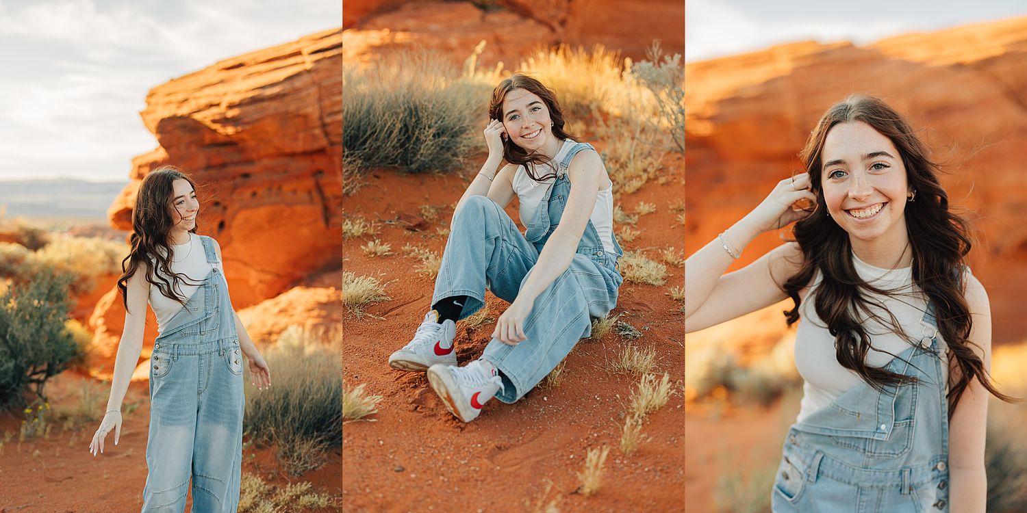 Young woman in denim overalls poses among red rock formations in the desert, smiling in a triptych photo.