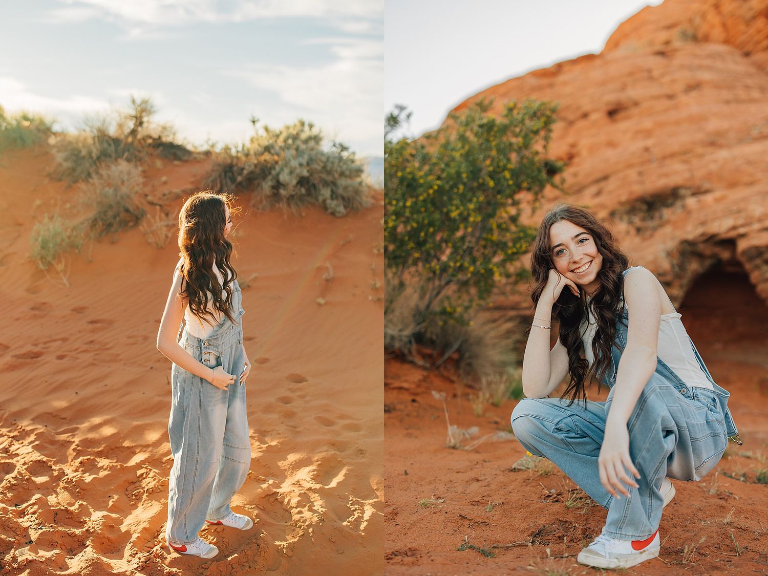 Young woman in blue jumpsuit poses in red desert landscape with sandy dunes and green shrubs in golden light.