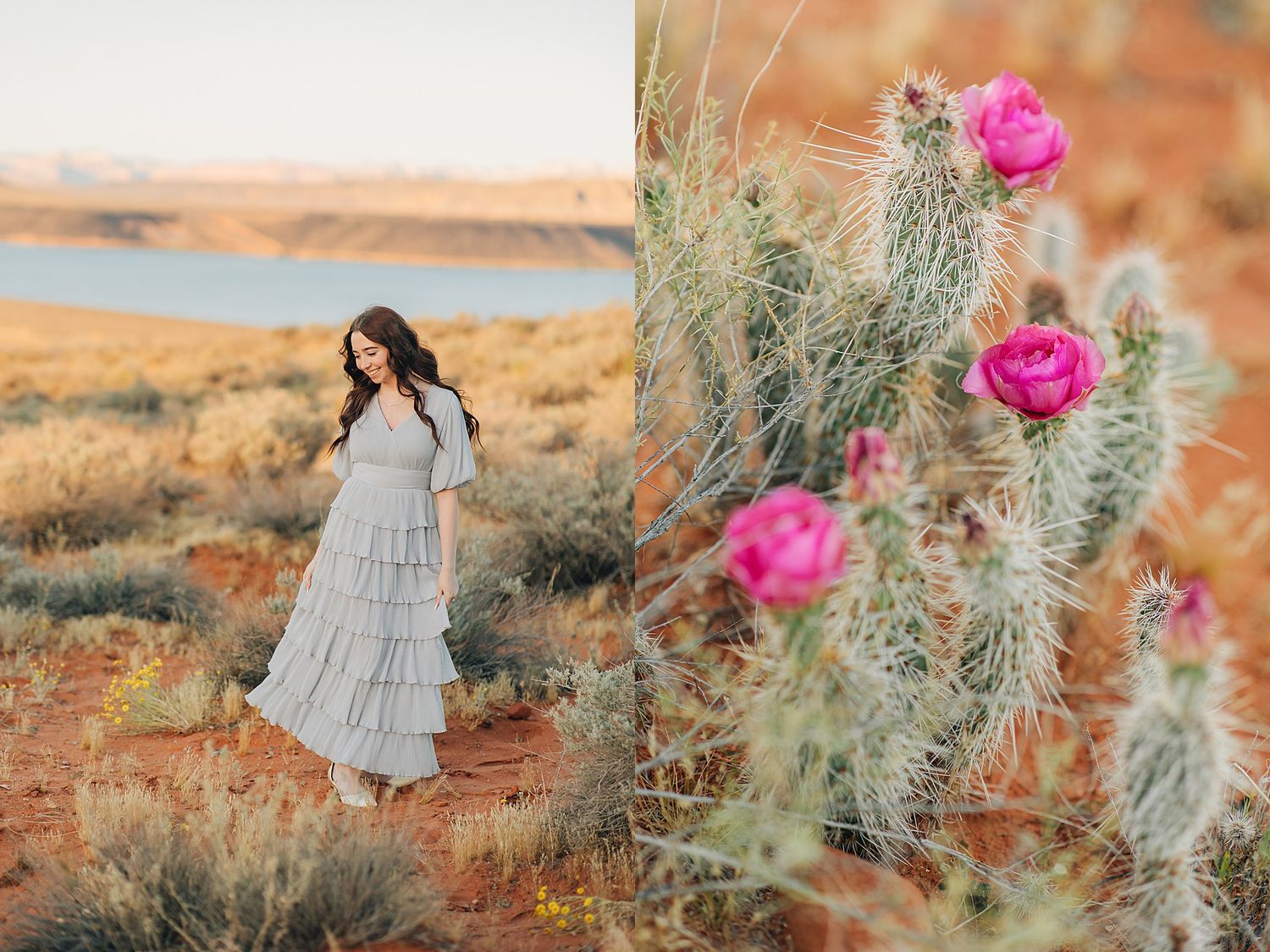 Woman in gray tiered dress poses in desert landscape with red sand, dry grass, and lake backdrop beside blooming pink cactus.