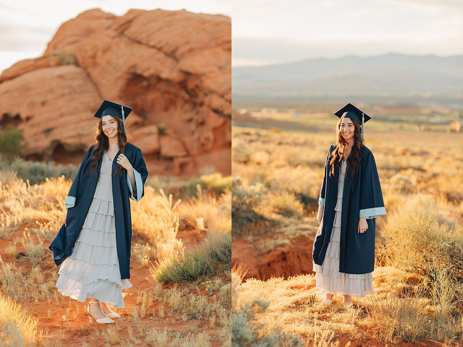 Young woman in navy graduation cap and gown poses in desert landscape with red rock formations at golden hour.