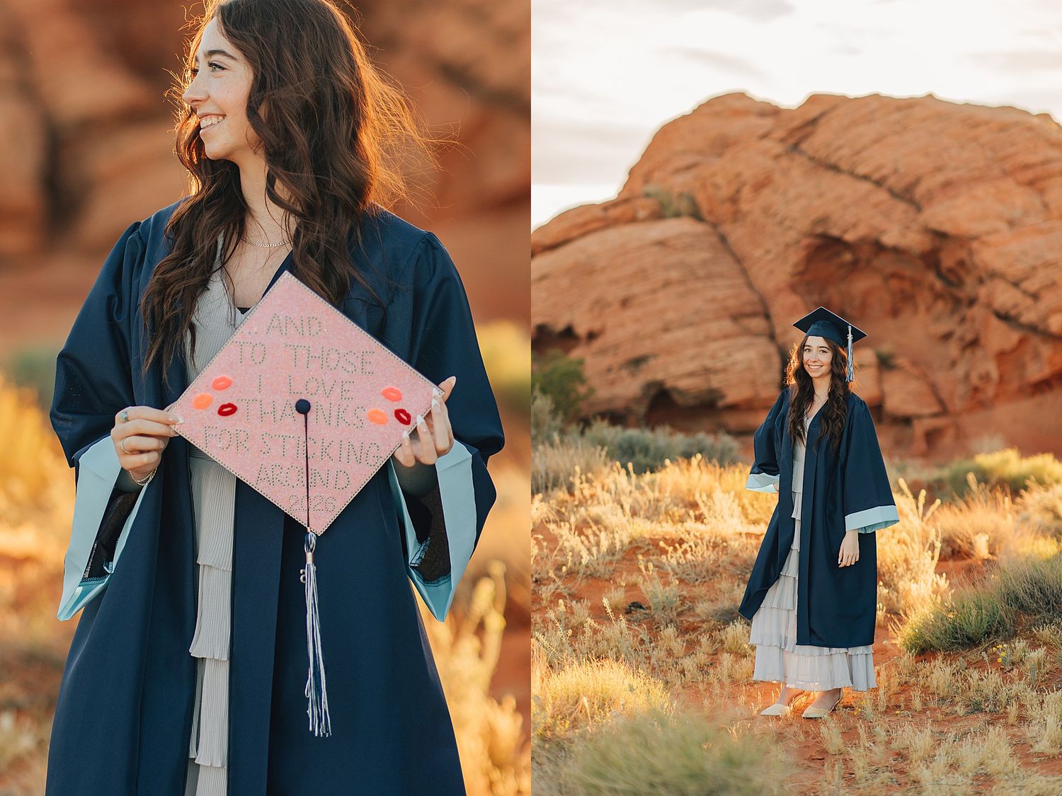 Graduate in navy cap and gown holding decorated mortarboard near red rock desert landscape.