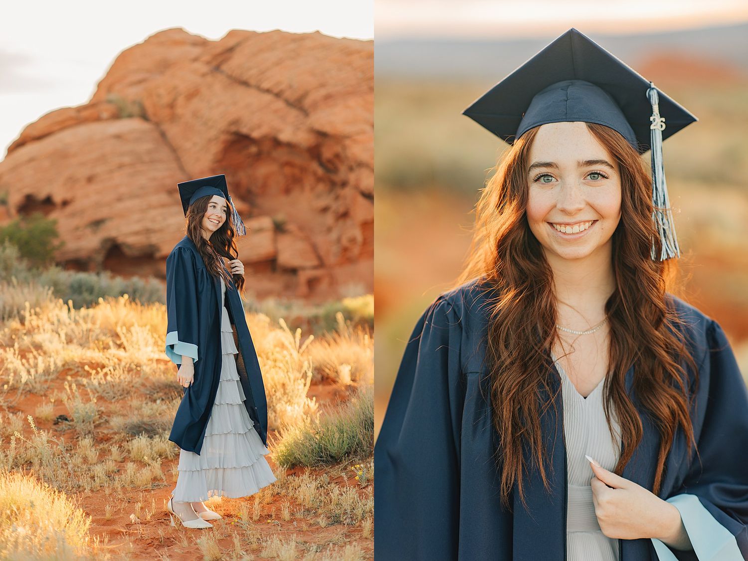 Young woman in navy graduation cap and gown smiling outdoors among red rock formations at golden hour.