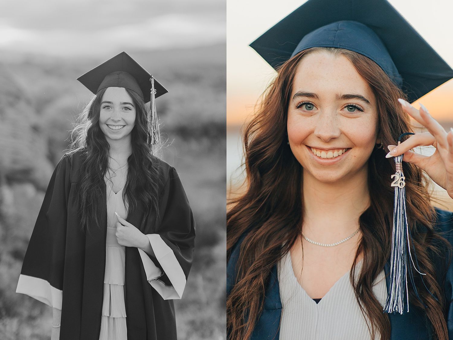 Young woman smiling in black graduation cap and gown posing outdoors in a split photo collage.