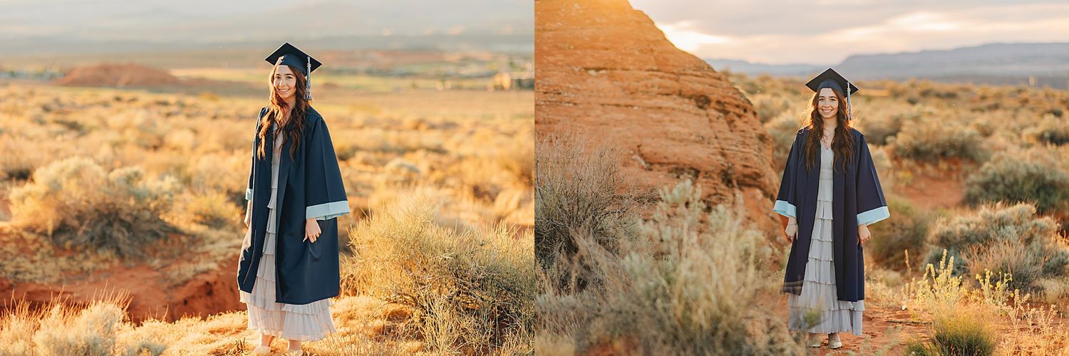 Graduate in navy cap and gown poses in desert landscape with red rock formations at golden hour.