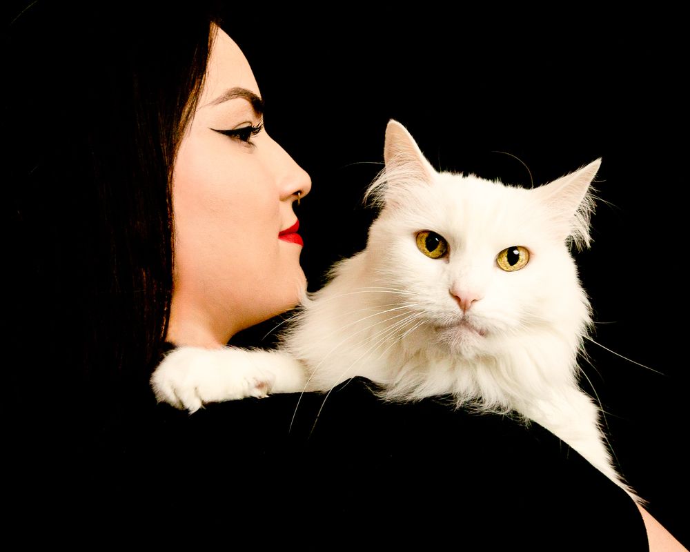 Woman with red lips holding a fluffy white long-haired cat against a black background.