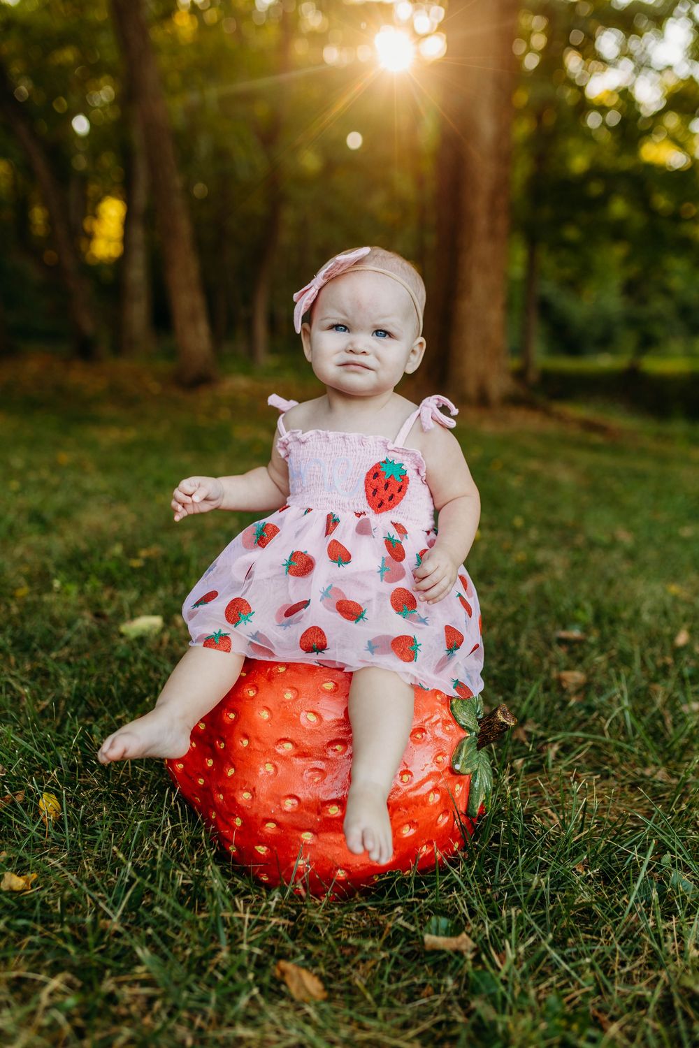 Adorable baby in pink strawberry dress sitting on red strawberry prop in sunny green outdoor setting.